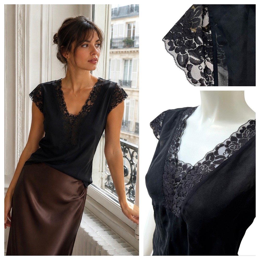 Vintage 100% Silk Lace Trim Babydoll Cap Sleeve Blouse Black Y2K Goth Coquette